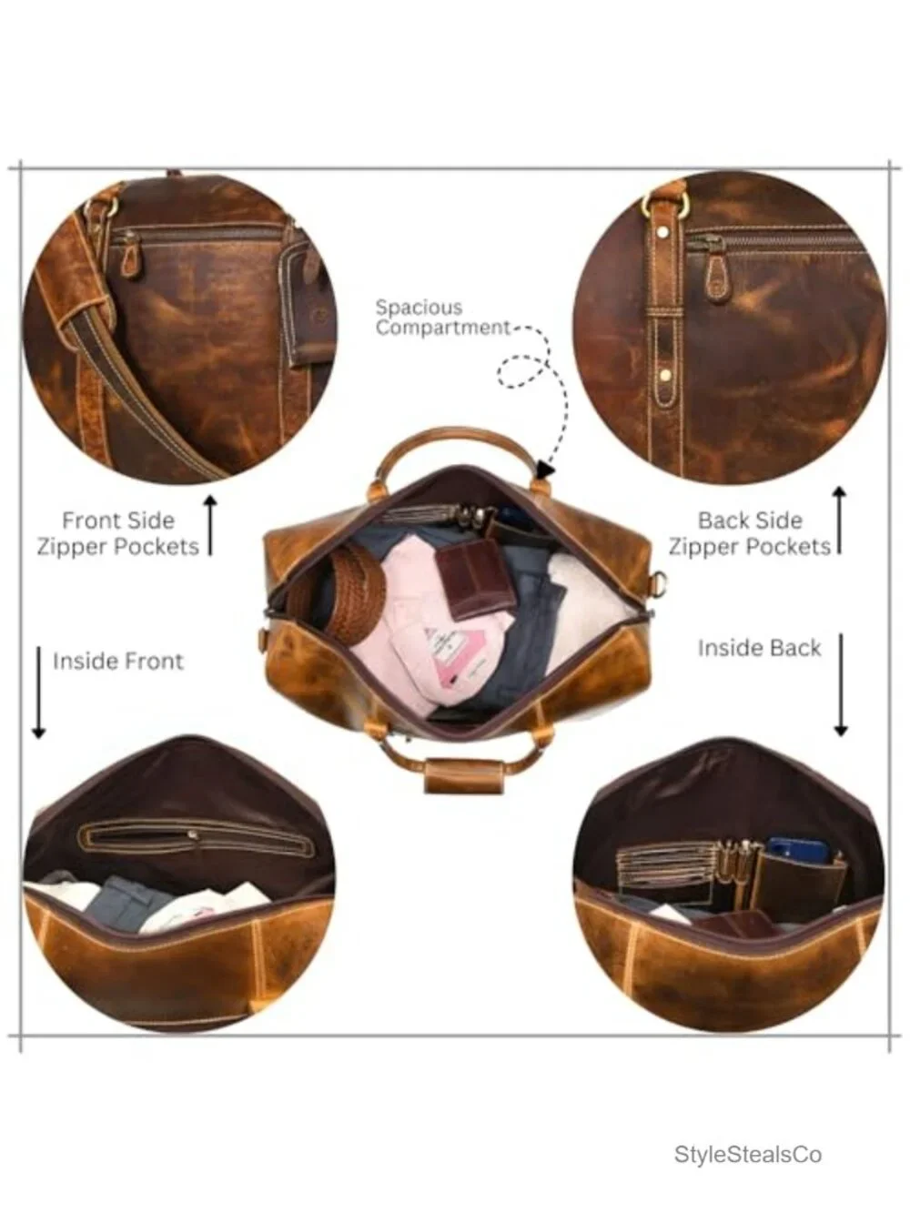 Leather Travel Duffel Bag - Gym Sports Airplane Carry-On Luggage